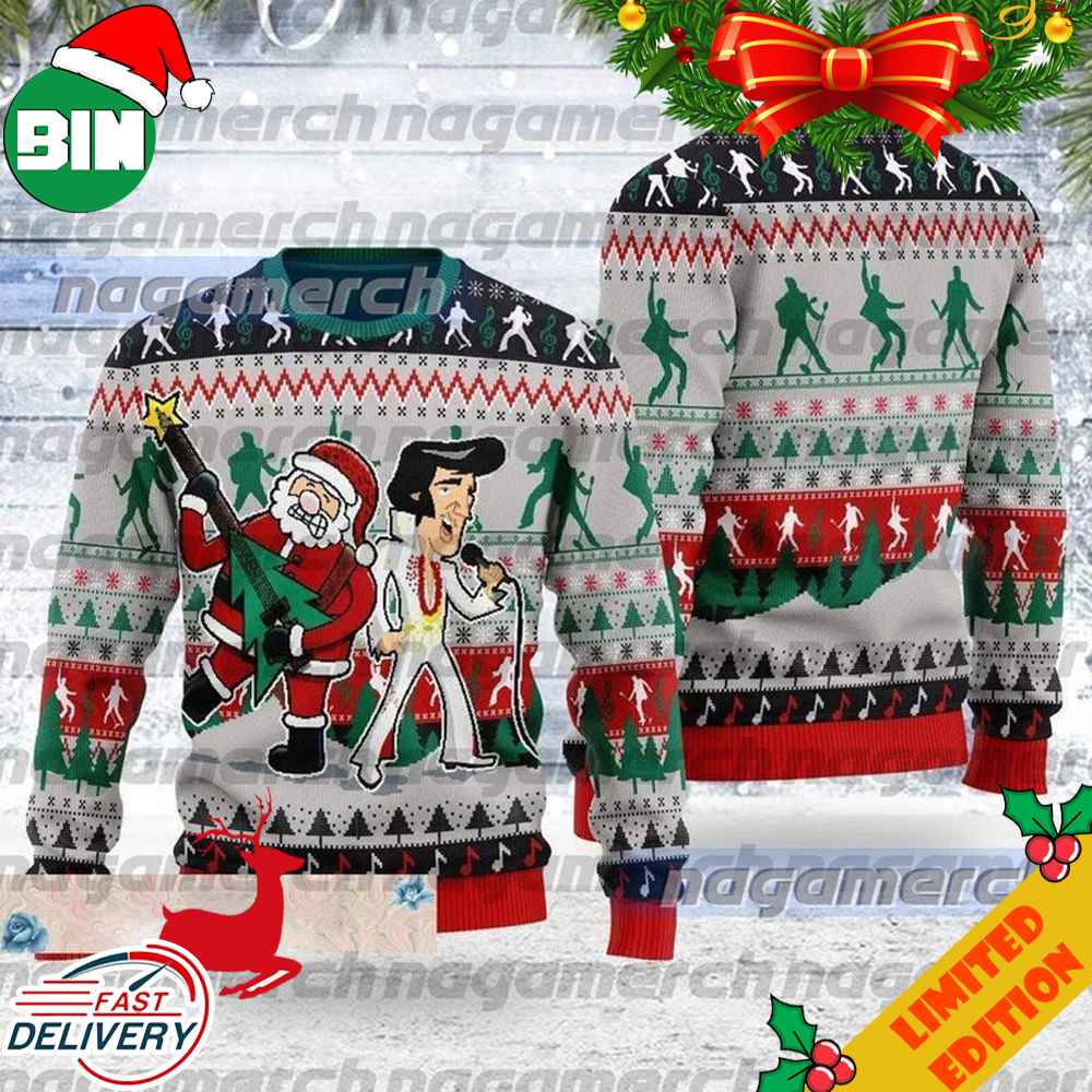 Elvis Presley And Santa Claus Funny 2023 Christmas Ugly Sweater Elvis Presley And Santa Claus Funny 2023 Christmas Ugly Sweater