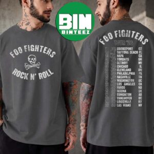 Foo Fighters Rock N’ Roll Skeleton 2026 Tee US Tour Dates Two Sided Charcoal T-Shirt