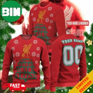 Liverpool FC Personalized Name And Number Christmas 2023 Holiday Ugly Sweater