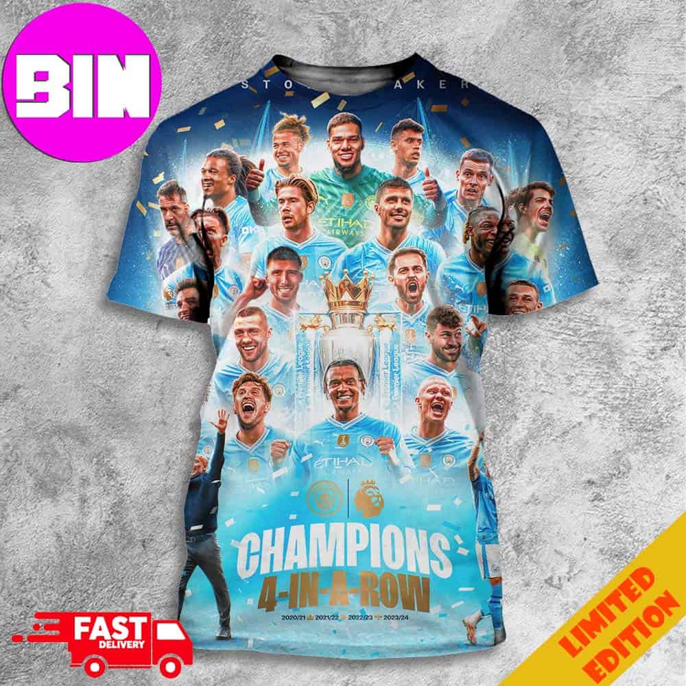 Manchester City Is Premier League Champions History Makers 4-In-A-Row 2020-21 2021-2022 2022-23 2023-2024 3D Unisex T-Shirt Manchester City Is Premier League Champions History Makers 4-In-A-Row 2020-21 2021-2022 2022-23 2023-2024 3D Unisex T-Shirt