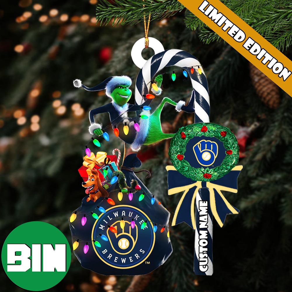 Milwaukee Brewers MLB Custom Name Grinch Candy Cane Tree Decorations Xmas 2023 Gift Christmas Ornament Milwaukee Brewers MLB Custom Name Grinch Candy Cane Tree Decorations Xmas 2023 Gift Christmas Ornament