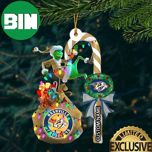 Nashville Predators NHL Grinch Candy Cane Custom Name Xmas Gifts Christmas Tree Decorations Ornament Nashville Predators NHL Grinch Candy Cane Custom Name Xmas Gifts Christmas Tree Decorations Ornament