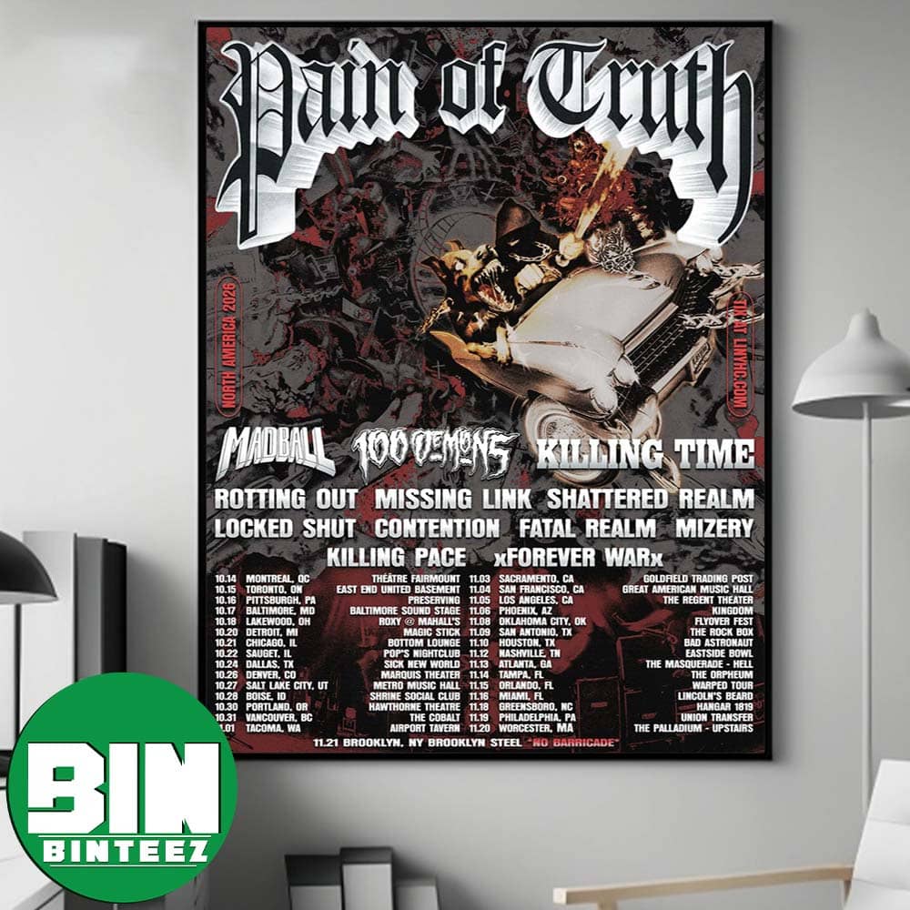 North America 2026 Tour For Pain Of Truth November And October Dates List With Madball 100 Demons And Killing Time Poster Canvas North America 2026 Tour For Pain Of Truth November And October Dates List With Madball 100 Demons And Killing Time Poster Canvas