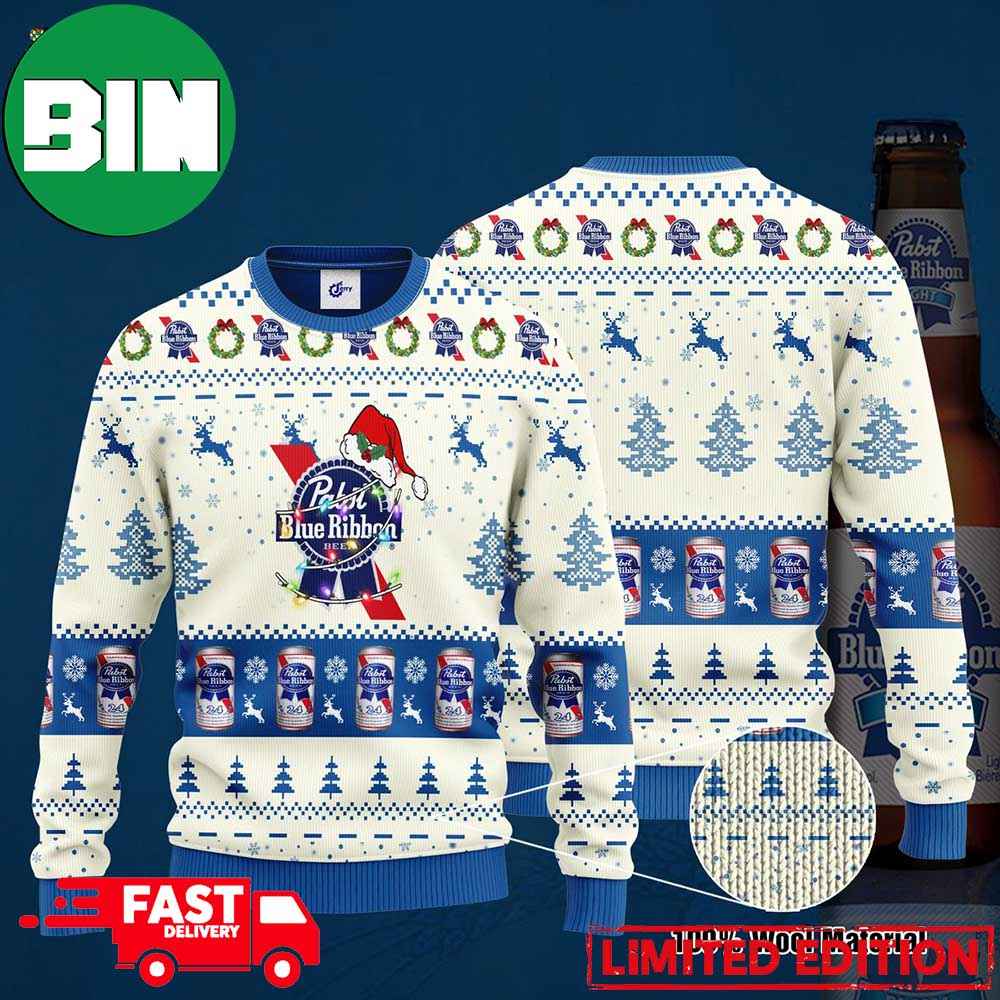 Pabst Blue Ribbon Santa Hat Ugly Christmas Sweater For Men And Women Pabst Blue Ribbon Santa Hat Ugly Christmas Sweater For Men And Women