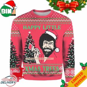 Santa Bob Ross Happy Little Christmas Ugly 3D Sweater