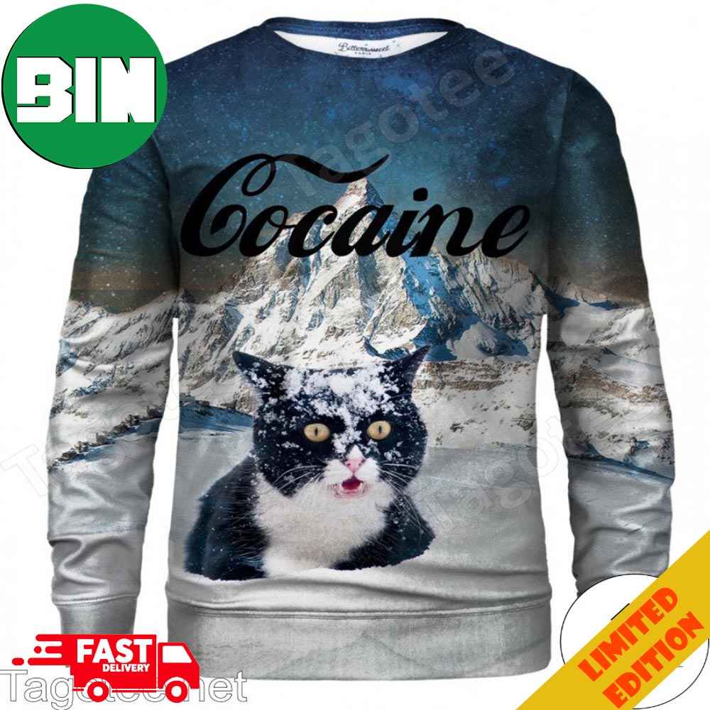 Snow Mountain Cat Cocaine Ugly Christmas Sweater For Men And Women Snow Mountain Cat Cocaine Ugly Christmas Sweater For Men And Women