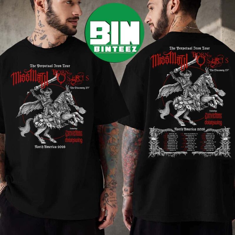 Front and back view of a black t-shirt featuring an armored skeletal knight and tour dates.