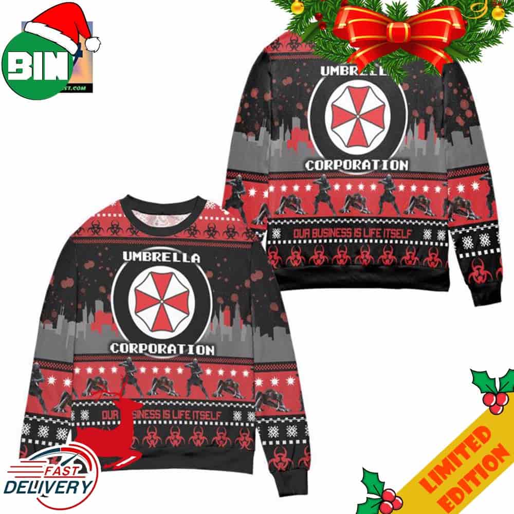 Umbrella Corporation Resident Evil Our Business Is Life Itself Ugly Christmas Sweater Umbrella Corporation Resident Evil Our Business Is Life Itself Ugly Christmas Sweater