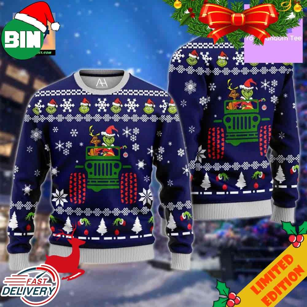 With Dog Driving Jeep Jeep The Grinch 3D Ugly Christmas Sweater With Dog Driving Jeep Jeep The Grinch 3D Ugly Christmas Sweater