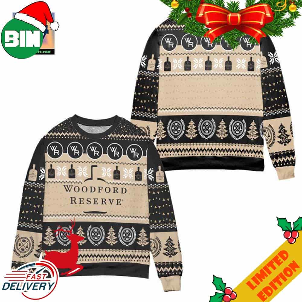 Woodford Reserve Bourbon Snowflake Pine Tree Pattern Ugly Christmas Sweater Woodford Reserve Bourbon Snowflake Pine Tree Pattern Ugly Christmas Sweater