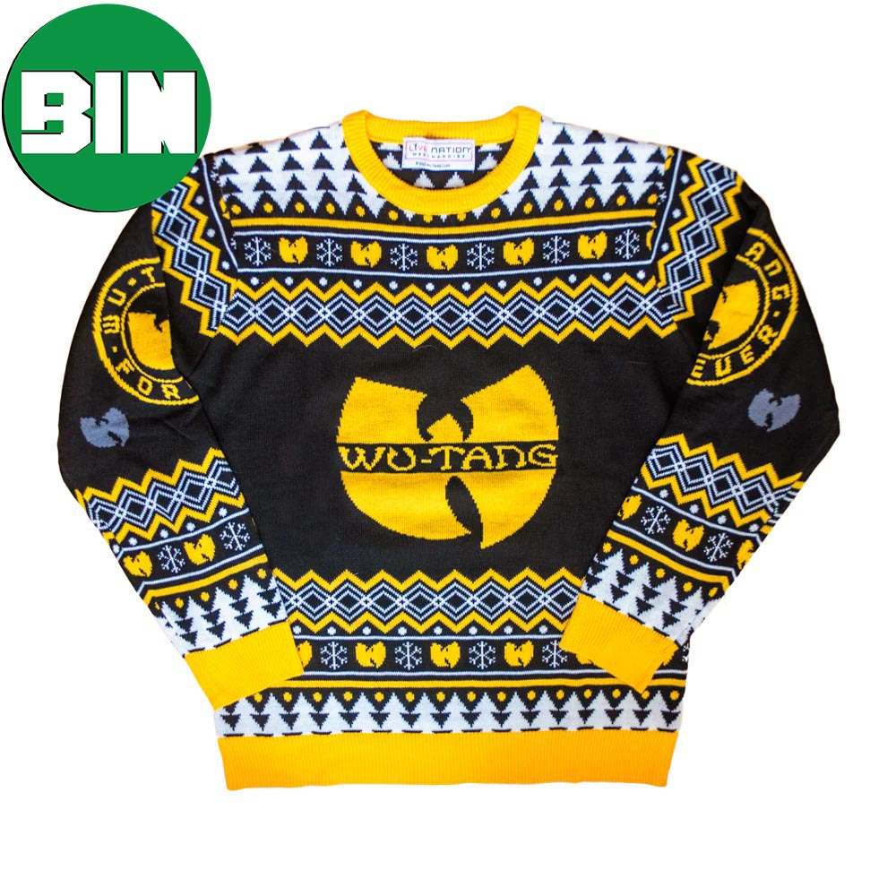 Wu Tang Clan Logo Snowflakes Pattern Yellow Black White Christmas Ugly Sweater For Men And Women Wu Tang Clan Logo Snowflakes Pattern Yellow Black White Christmas Ugly Sweater For Men And Women