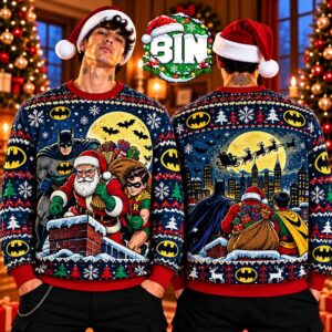 Batman And Robin With Santa On Gotham Rooftop Xmas Gift For Fan DC Studios 2026 Ugly Christmas Sweater