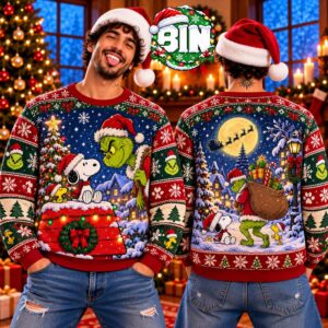 Funny Grinch And Peanuts Snoopy Merry Christmas Gift Ideas For Movie Fan 2026 Ugly Christmas Sweater