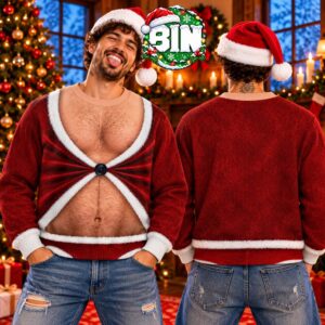 Funny Hairy Chest One Button Santa Fake Body Merry Christmas Best Gift Ideas For Christmas Gift Gift For Him 2026 Ugly Christmas Sweater