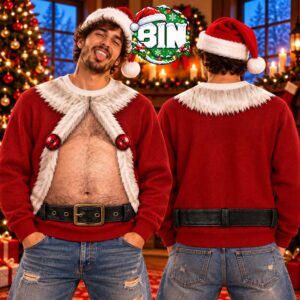 Funny Hairy Chest Open Front Santa Fake Body Merry Christmas Gift Ideas For Man Best Sweater 2026 Ugly Christmas Sweater