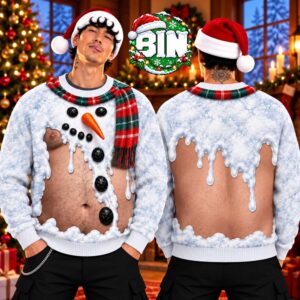 Funny Melting Snowman Fake Belly Body Print Holiday Party Merry Christmas Gift Day For Man 2026 Ugly Christmas Sweater