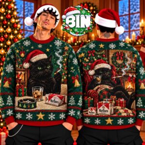 Marlboro Funny Black Cat Merry Christmas Gift For Cat Lover Best Gifts Idea 2026 Ugly Christmas Sweater