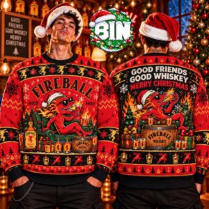 Merry Christmas Fireball Xmas Day Gift For Friends Good Friends Good Whiskey Best Gift Ever 2027 Ugly Christmas Sweater