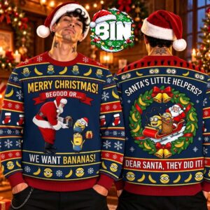 Merry Christmas Funny Minions Xmas Gift For Friends We Want Bananas 2027 Ugly Christmas Sweater