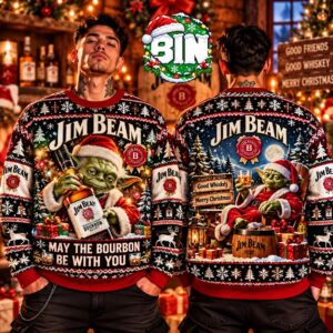 Merry Christmas Funny Santa Yoda Jim Beam Bourbon Whiskey Holiday Xmas Gift 2027 Ugly Christmas Sweater