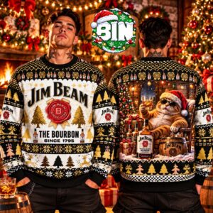 Merry Christmas Jim Beam Bourbon Funny Santa Cat Whiskey Holiday Xmas Gift For Families Ugly Christmas Sweater