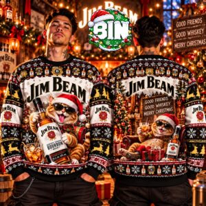 Merry Christmas Jim Beam Funny Drunk Santa Cat Bourbon Whiskey Christmas Gift 2027 Gift For Families Ugly Christmas Sweater