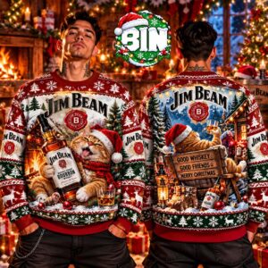 Merry Christmas Jim BeamBourbon Whiskey Xmas Day Gift For Friends Funny Gift Ugly Christmas Sweater