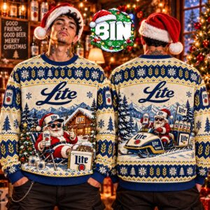 Merry Christmas Miller Lite Funny Santa Snowmobile Holiday 2027 Santa Drinking Beer Xmas Party Gift For Families Ugly Christmas Sweater