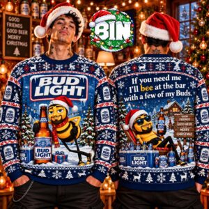 Merry Christmass Bud Light Bee At The Bar Funny Holiday Gift For Best Beer Fan Lover 2027 Ugly Christmas Sweater