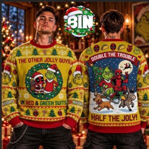 The Grinch X Dead Pool Marvel Studio Double The Trouble In Red And Green Suits 2026 Ugly Christmas Sweater